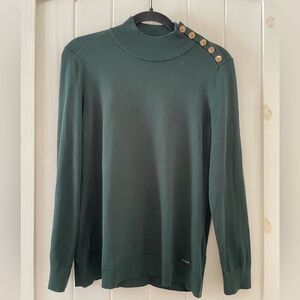 Calvin Klein Turtleneck Green Sweater Pullover Top Gold Buttons Medium